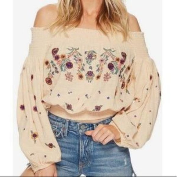 Free People Tops - NWT Free People Saachi Sz S Smocked Crop Off Shoulder Tan Top  Embroidered